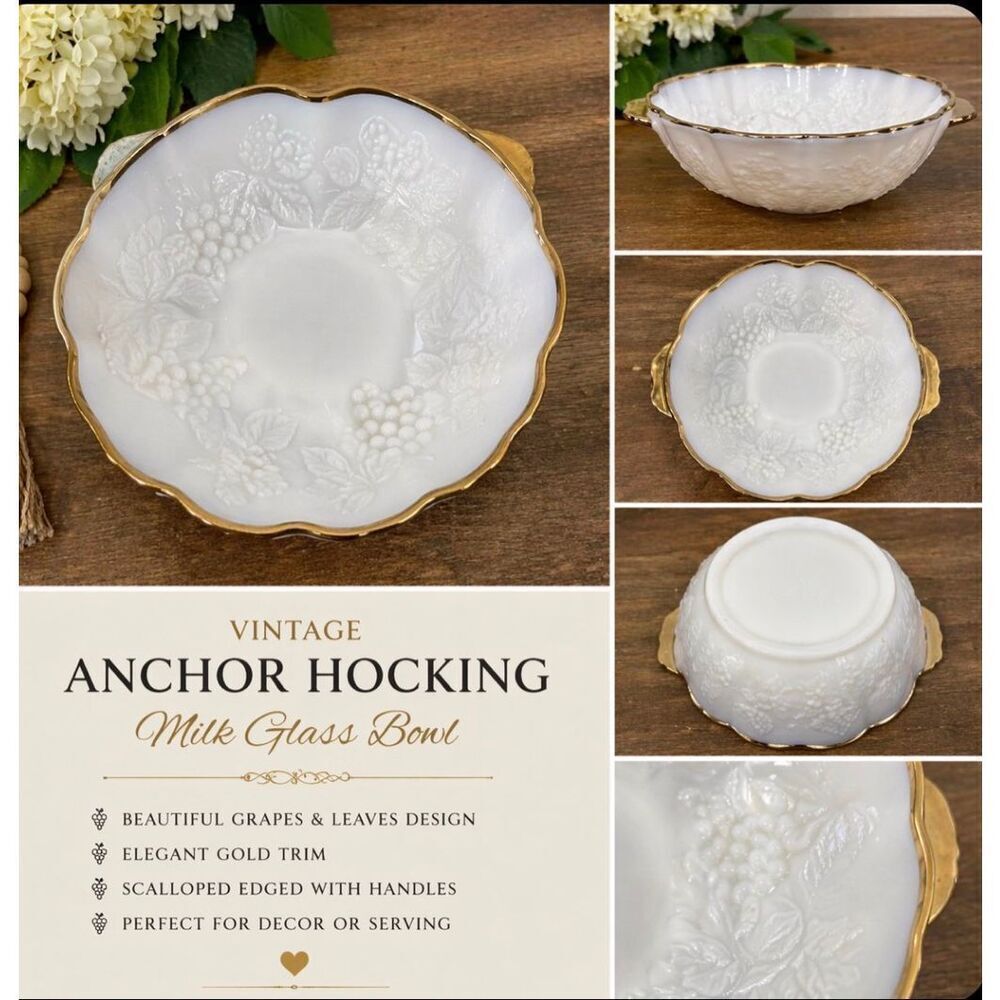 Vintage Anchor Hocking Milk Glass Bowl with Gold Trim and Grapes Design